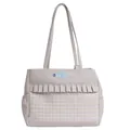 Japanese style beige plaid tote bag with ruffles and cartoon patch detail - White