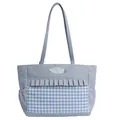 Blue plaid tote bag with ruffle trim and cute mushroom patch for everyday use - Blue