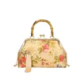Vintage floral shell bag with bamboo handle, crossbody chain and beige silk tassel - Gold