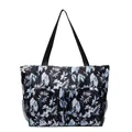 Black floral oxford tote bag with large capacity and tropical hibiscus print pattern - Hibiscus Tropical Print / Black