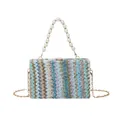 Colorful wave-pattern straw crossbody bag with pearl handle and golden chain strap - Blue
