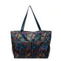 Floral navy blue Oxford tote bag with large capacity pockets and side mesh compartments - Red Berries Green Leaves Print / Blue
