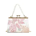 Elegante borsa a conchiglia bianca con ricamo floreale e manico di perle da donna - Bianco Sporco