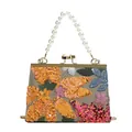 Borsa vintage con paillettes floreali, manico in perle e chiusura a bacio dorata - Giallo