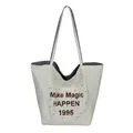 Borsa tote in tela color crema con scritta rossa e fodera interna a righe sottili - Stile 2