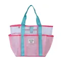 Bolso tote de malla rosa y blanco con asas azules y múltiples bolsillos para verano - Rosa