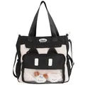 Sac fourre-tout en toile chat noir et blanc avec poche transparente et charms en peluche - Noir