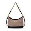 Brown quilted suede hobo bag with gold chain strap and metallic clasp on white background - Khaki