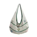 Handmade crochet woven tote bag with colorful 3D flower accents and green trim border - Green