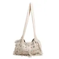 Beige knit shoulder tote bag with colorful faux pearls and decorative fringe detail - White