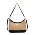 Quilted khaki suede shoulder bucket bag with black leather trim and chain strap - Brown