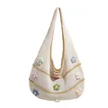 White crochet shoulder bag with colorful knit flowers and khaki trim details - Yellow