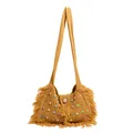 Bright yellow woven crochet tote bag with colorful faux pearls and fringe details - Yellow