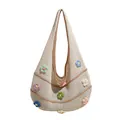 Bohemian crochet hobo bag with colorful 3D floral accents and cream knit texture - Khaki