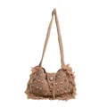 Beige crochet woven shoulder bag featuring colorful beads, fringes, and a pearl closure - Khaki