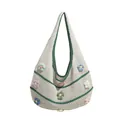 Beige knit shoulder bag with green trim and colorful 3D crochet flower embellishments - Green
