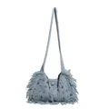 Light blue knit shoulder tote bag featuring colorful beadwork and pearl button closure - Blue
