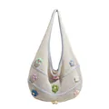 White crochet shoulder bag with colorful 3D flowers and light blue trim details - Blue