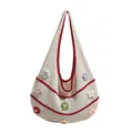 Sac fourre-tout en tricot blanc cassé avec fleurs crochetées 3D et bordures rouges - Rouge