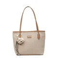 Minimalistische beige gewebte Tragetasche mit braunem Lederbesatz und Bärenanhänger - Mit Anhänger / Khaki
