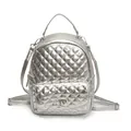 Silver quilted chain backpack with diamond studs and metallic finish for women - Silver