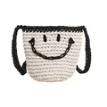 Handmade woven bucket bag with smiley face pattern in cream and black straw - White