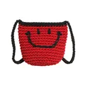 Handmade red crochet shoulder bag with a black woven smiley face and slim strap - Red