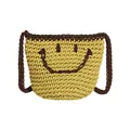 Yellow hand-woven crochet bucket bag featuring a brown smiley face and crossbody strap - Yellow