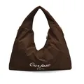 Brown checkered tote bag with Our Fave Party embroidery and wide shoulder strap - Brown