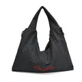 Casual large tote bag with dark grey grid pattern and red embroidery detail - Black