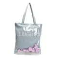 Light blue canvas tote bag with transparent PVC outer layer and purple rubber duckies decoration - Purple and Blue