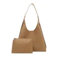 Brown leather tote bag set including a large shoulder bag and small zipper pouch - Khaki
