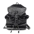 Retro washed denim backpack with multi-pockets and drawstring closure for women - Black