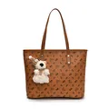 Large brown tote bag with bear print and plush bear charm for daily commuting use - No Pendant / Brown
