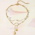 Detail of gold double-layer anklet featuring cloud, star, and moon charms with pearls - Star Moon Cloud Style (TL0001)