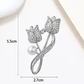Detailed view of silver tulip brooch with white rhinestones and pearl, 5.5cm height - Silver Rhinestone Pearl Tulip Style (XX0032)