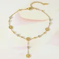 Detailed view of a gold daisy anklet with clear rhinestones and lobster clasp - Daisy Round Zirconia Style (TL0011)