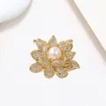 Macro shot of gold lotus flower ring featuring a pink pearl and shimmering zircons - Gold Lotus Pink Pearl Style (XX0047)