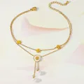 Close-up of double-layer gold anklet with four-leaf clover charms and pearl pendants - Four-Leaf Clover Artificial Pearl Tassel Style (TL0015)