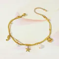Detailed macro of gold layered anklet featuring seahorse and starfish charms with pearls - Marine Element Multi-Pendant Style (TTL0016)