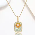 Detail of sunflower enamel pendant with freshwater pearl on gold snake chain necklace - Cyan Enamel Sunflower Rectangle Style (X3969)