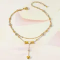 Detail of gold MOM ankle bracelet featuring zirconia charms and double chain design - MOM Letter Double Layer Style (TL0019)