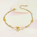 Detail of gold layered anklet with heart pendants, white enamel and zircon accents - Enamel Heart Double Layer Style (TL0021)