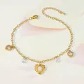 Detail view of a gold-plated heart anklet with crystal charms and textured heart pendant - Heart Crystal Teardrop Style (TL0022)