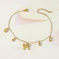 Detail of gold butterfly anklet with sparkling zircon teardrop and rectangular charms - Bowknot Geometric Pendant Style (TL0023)