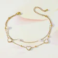 Close-up of double-layer gold anklet with heart pendants and elegant pearls - MOP Heart Double Layer Style (TL0025)