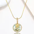 Detailed macro view of a floral enamel pendant necklace with pearls and gold chain - Light Blue Yellow Rose Style (X3977)