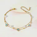 Detail of double-layer gold anklet featuring pearl accents and purple heart charms - Iridescent Heart Artificial Pearl Style (TL0027)