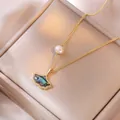 Detail view of ginkgo leaf necklace with freshwater pearl and abalone shell inlay - Necklace (X0102) / 1 Piece