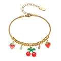 Gold titanium steel bracelet with enamel strawberry cherry charms and sparkling crystals - Strawberry Cherry Style (TT0336)